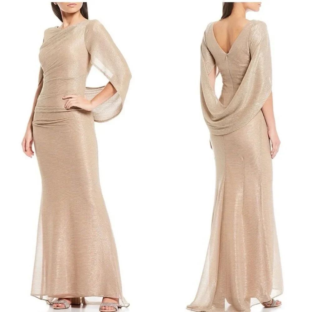 BETSY & ADAM A25892 Knit Back Drape Train Elbow Sleeve Gown Dress $269